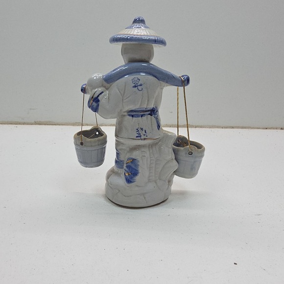 Vintage Chinese Porcelain Blue White Fisherman Figurine Water Buckets and Fish - Picture 4 of 9